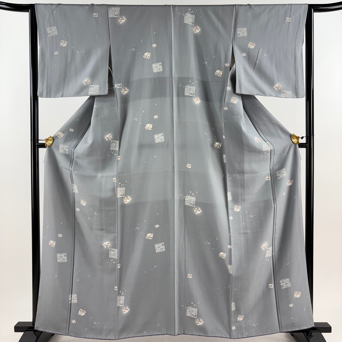 小紋 身丈161cm 裄丈63cm S 袷 草花 蝶 灰色 正絹 秀品 【中古】拍卖