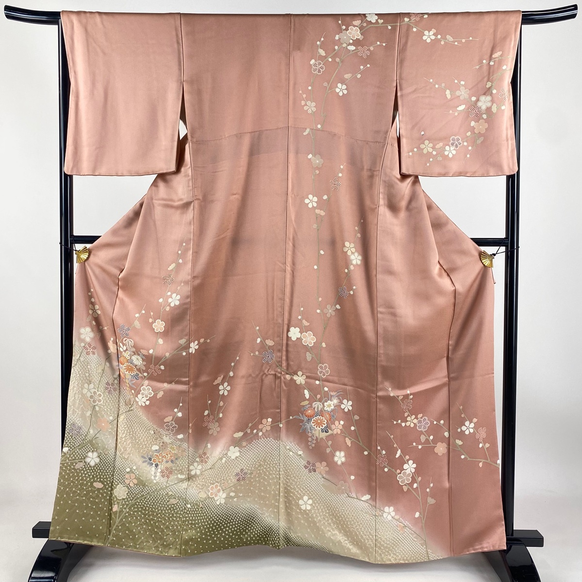 訪問着 身丈162.5cm 裄丈66cm M 袷 枝梅 菊 絞り 金彩 ピンク 正絹 美品 秀品 【中古】拍卖
