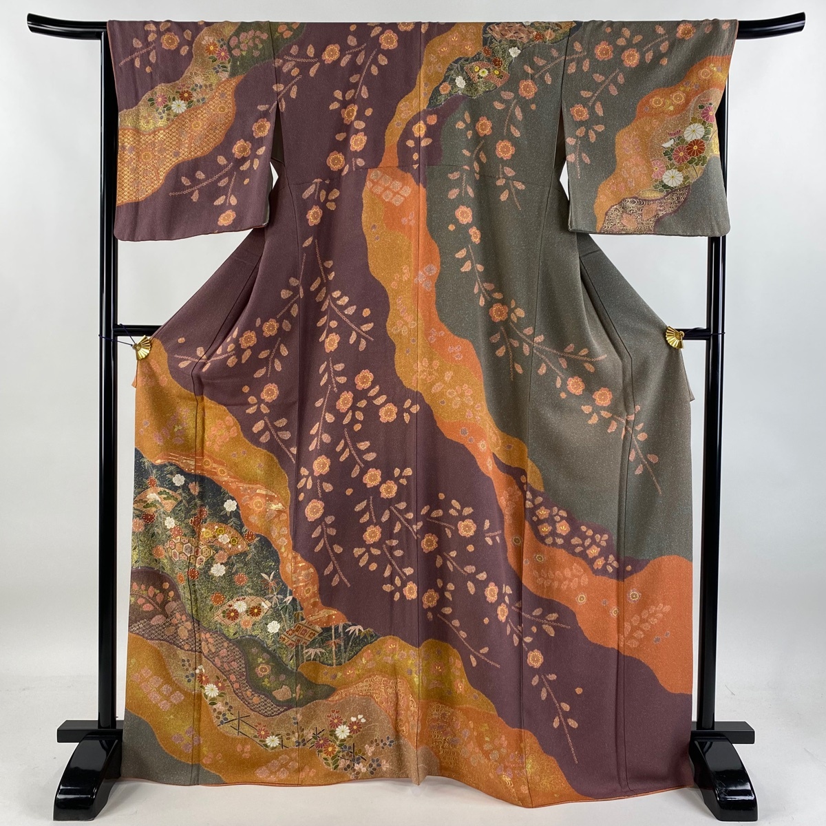 訪問着 身丈169.5cm 裄丈67cm M 袷 扇面 菊 金糸 金彩 紫 正絹 美品 名品 【中古】拍卖