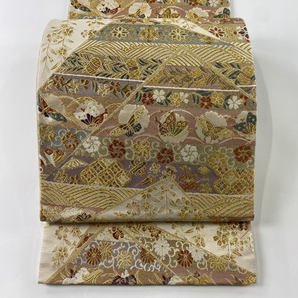 袋帯 美品 秀品 蝶 草花 唐織 箔 クリーム 六通 正絹 【中古】拍卖