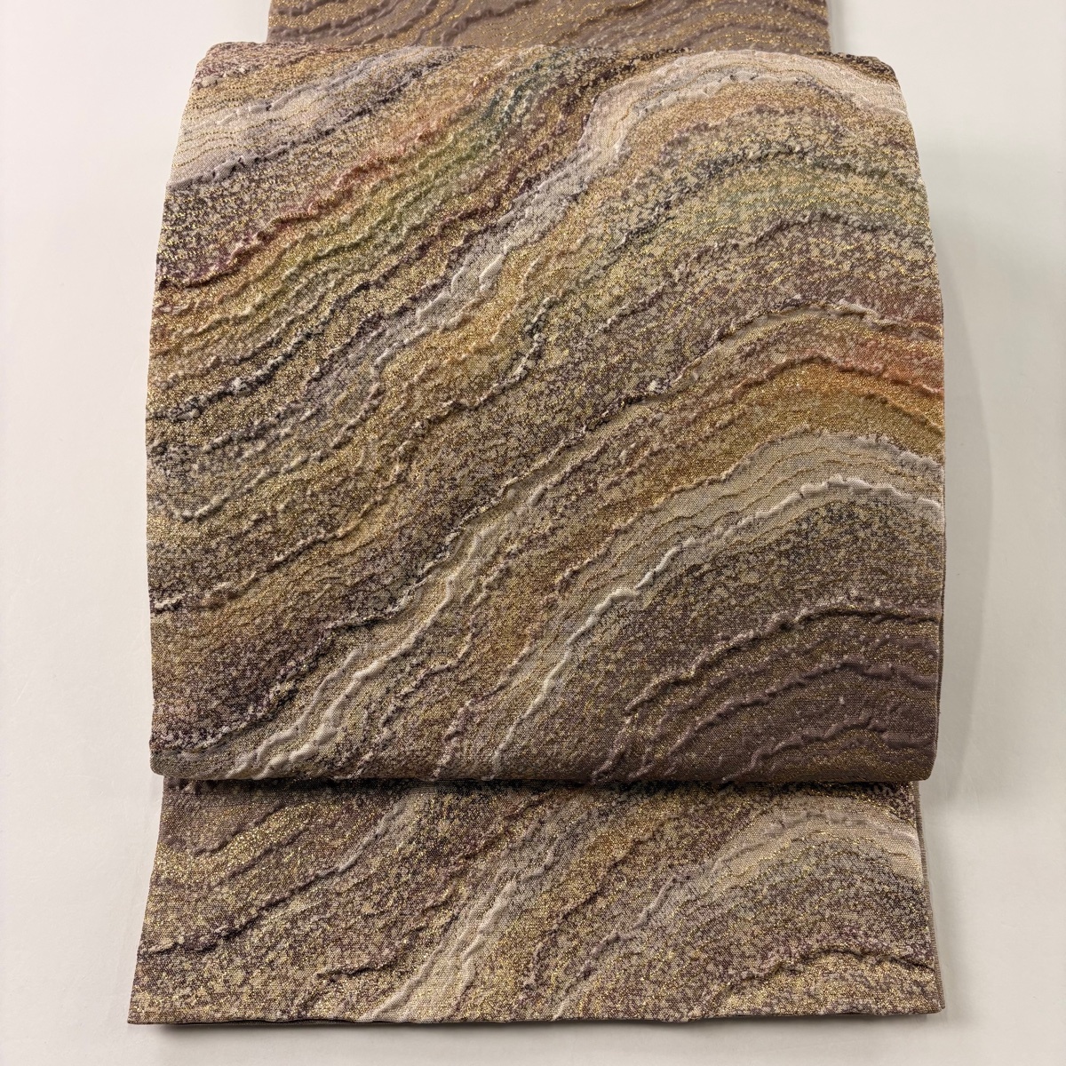 袋帯 美品 秀品 落款 幾何学 箔 灰紫 全通 正絹 【中古】拍卖