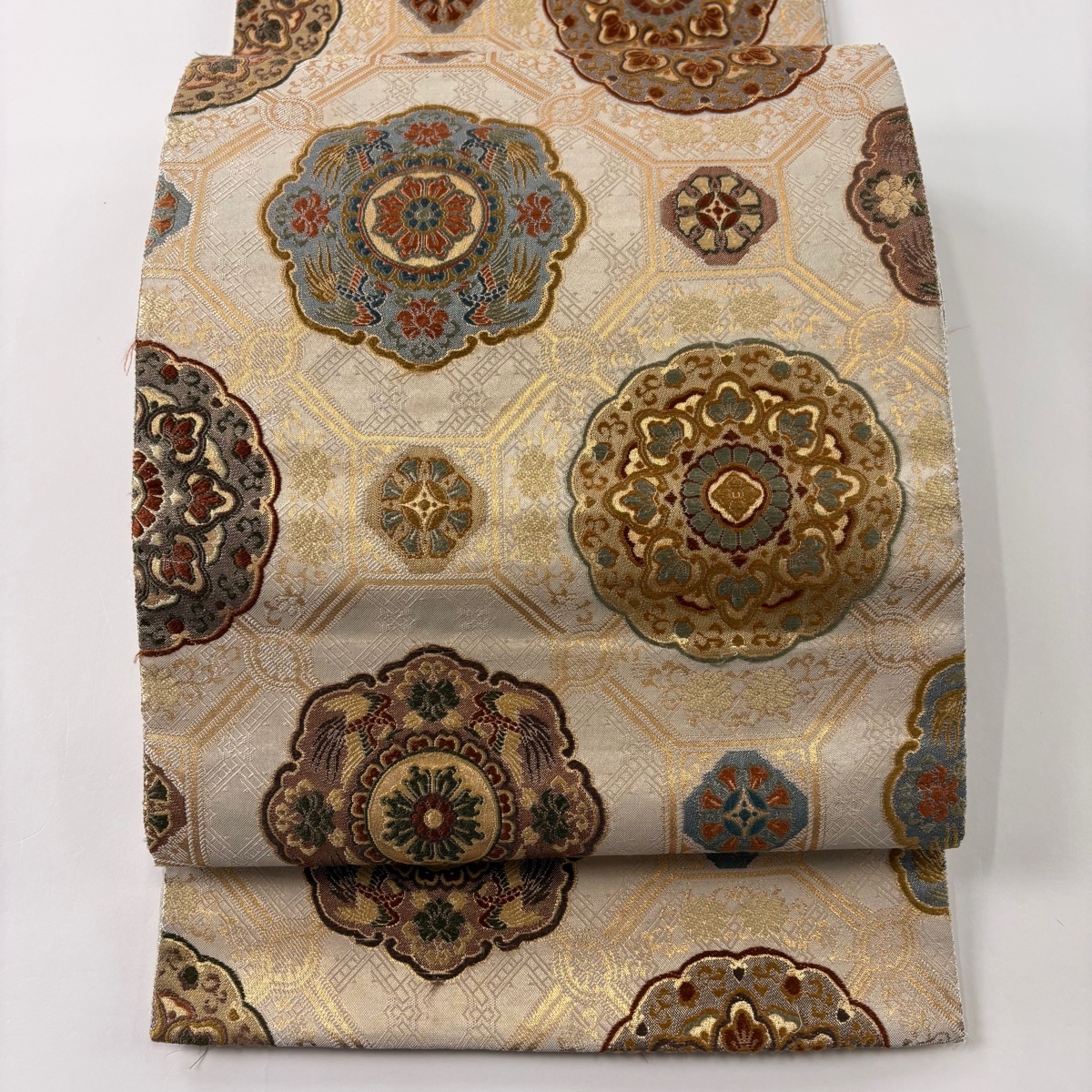 袋帯 秀品 華文 蜀江文 箔 クリーム 六通 正絹 【中古】拍卖