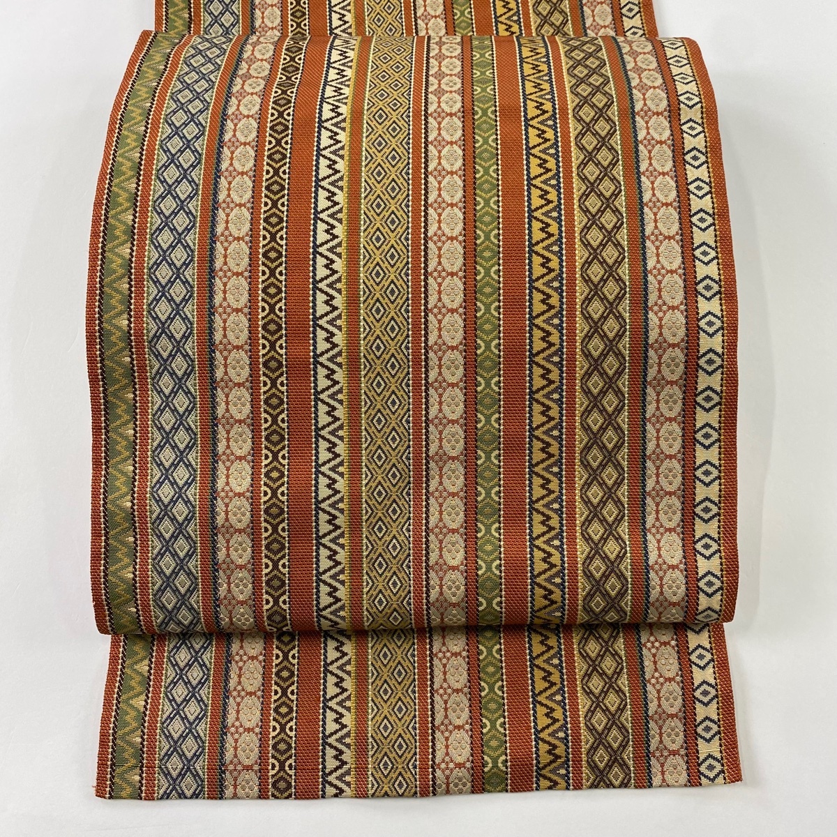 名古屋帯 美品 秀品 八寸名古屋帯 松葉仕立て 縞 菱 赤茶 正絹 【中古】拍卖