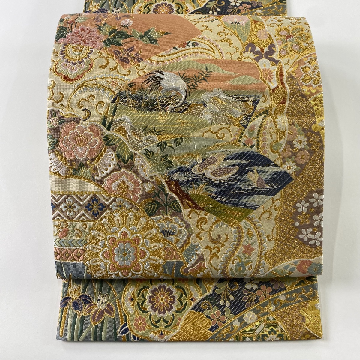 袋帯 美品 秀品 大華文扇花鳥図 箔 金銀糸 クリーム 六通 正絹 【中古】拍卖