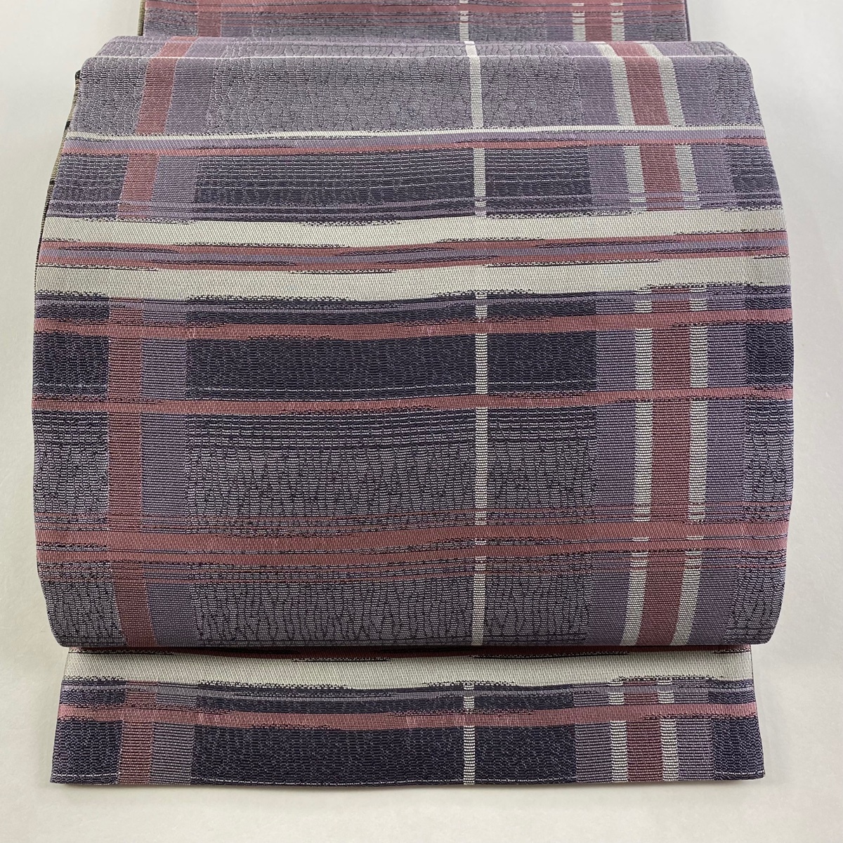 袋帯 美品 名品 やまと 縞 格子 灰紫 六通 正絹 【中古】拍卖