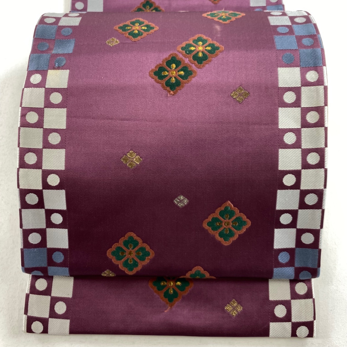 袋帯 秀品 花菱 幾何学模様 唐織 箔 赤紫 六通 正絹 【中古】拍卖