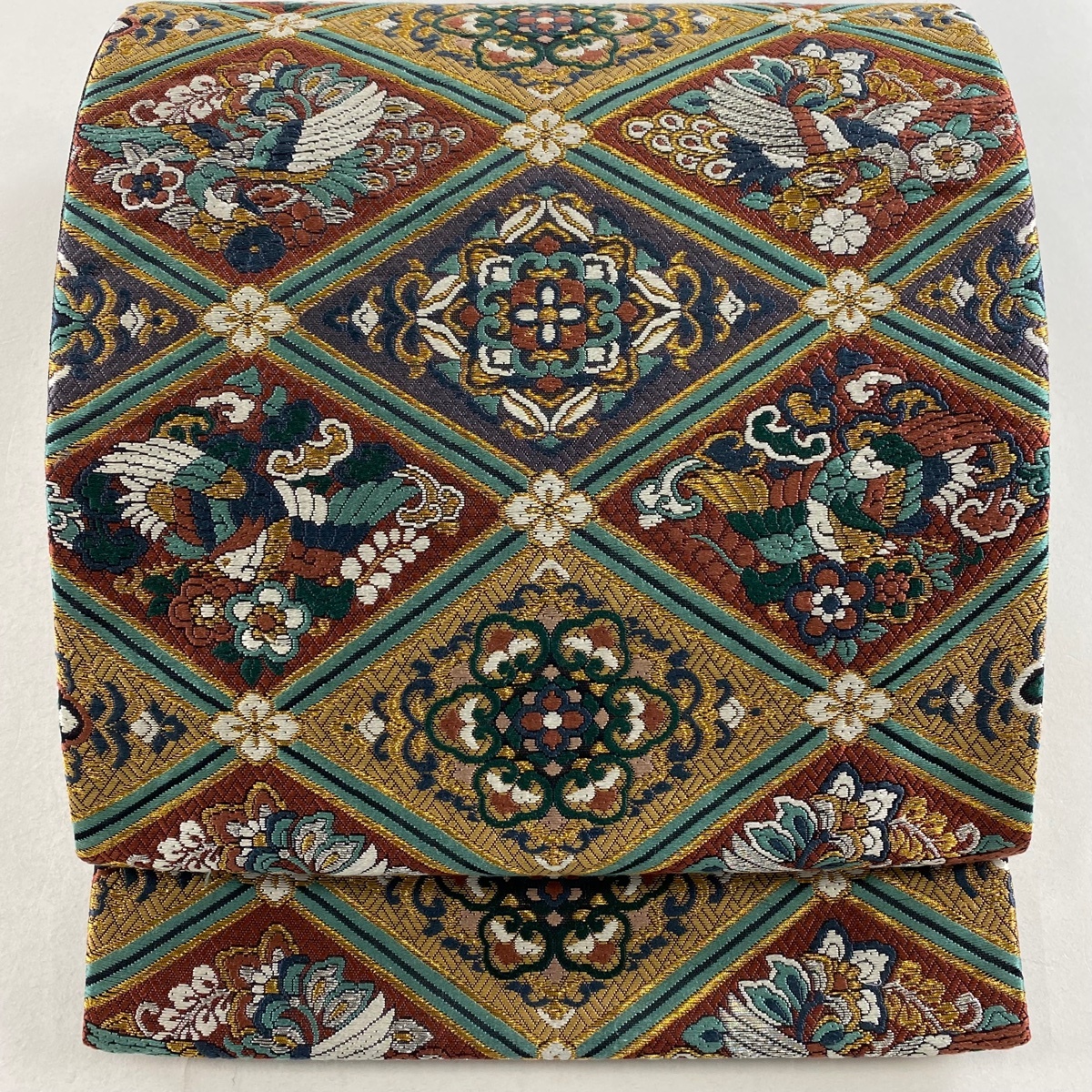 袋帯 美品 秀品 華文 菱格子 金銀糸 紫 六通 正絹 【中古】拍卖