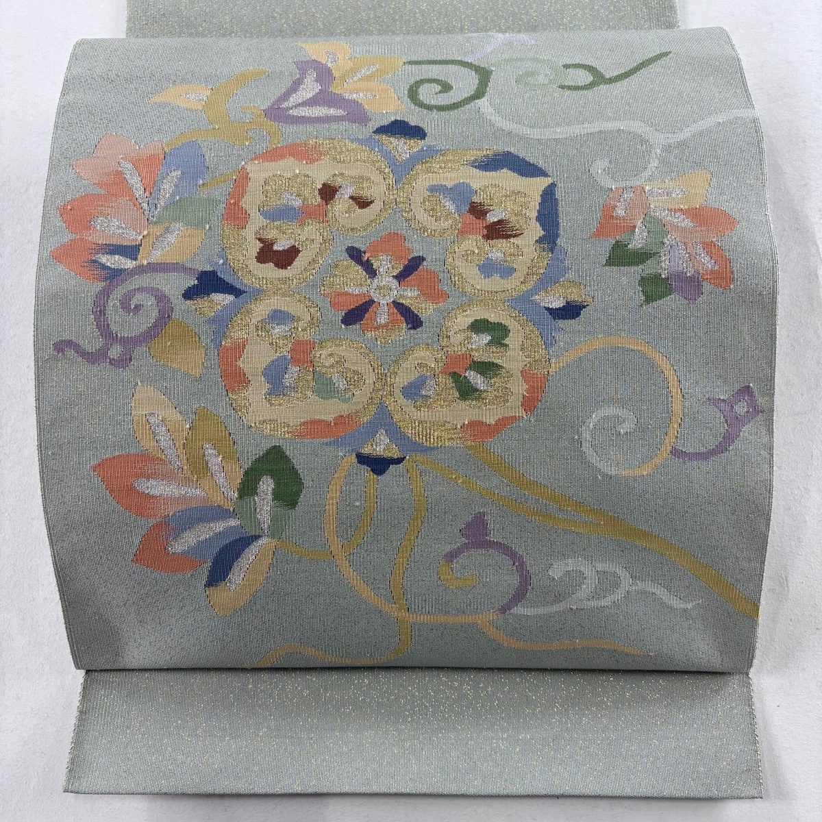 名古屋帯 美品 秀品 八寸名古屋帯 松葉仕立て トンネル仕立て 花唐草 華文 金銀糸 灰緑 正絹 【中古】拍卖