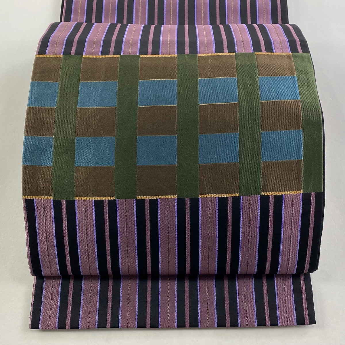 袋帯 美品 名品 縞 幾何学 箔 紫 六通 正絹 【中古】拍卖