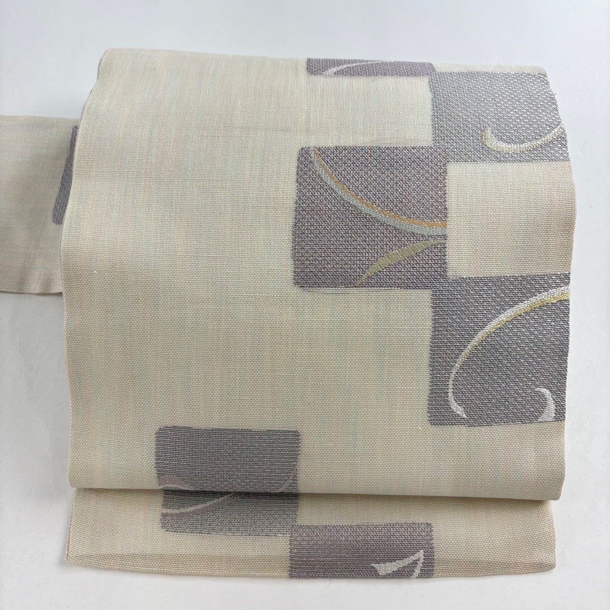 名古屋帯 秀品 夏帯 紗 市松 唐草 ラメ糸 箔 クリーム 正絹 【中古】拍卖