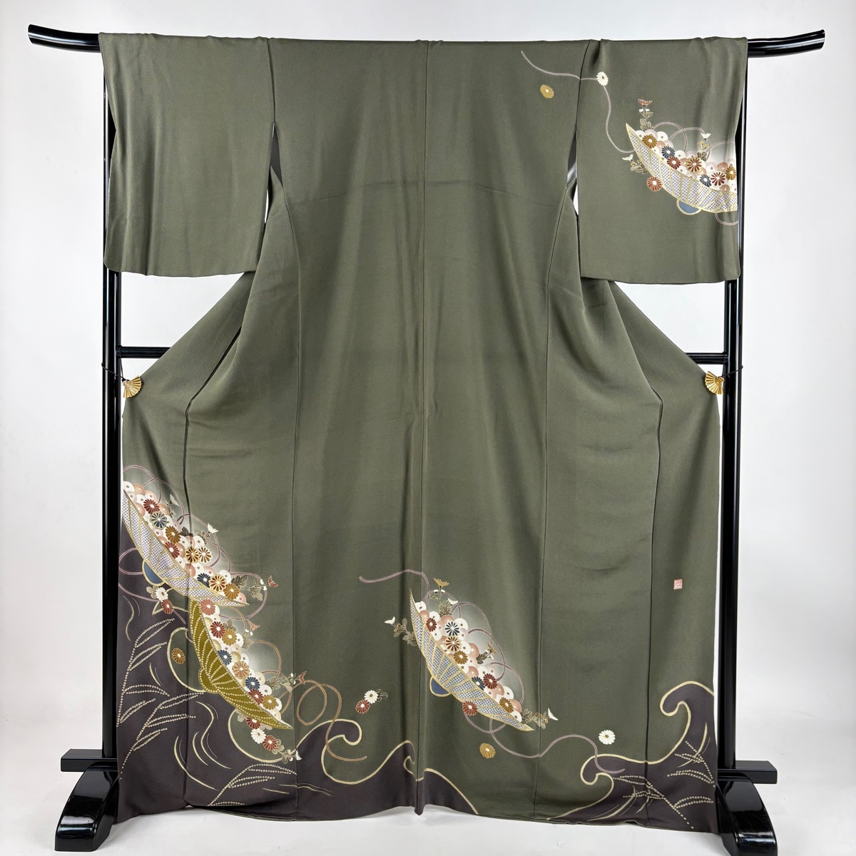 訪問着 身丈168cm 裄丈69cm L 袷 落款 菊 笠 金糸 金彩 茶緑色 正絹 秀品 【中古】拍卖
