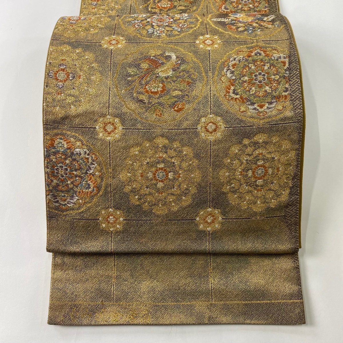 袋帯 秀品 もみ泥金唐箔 華文 花鳥 金糸 箔 薄茶色 六通 正絹 【中古】拍卖