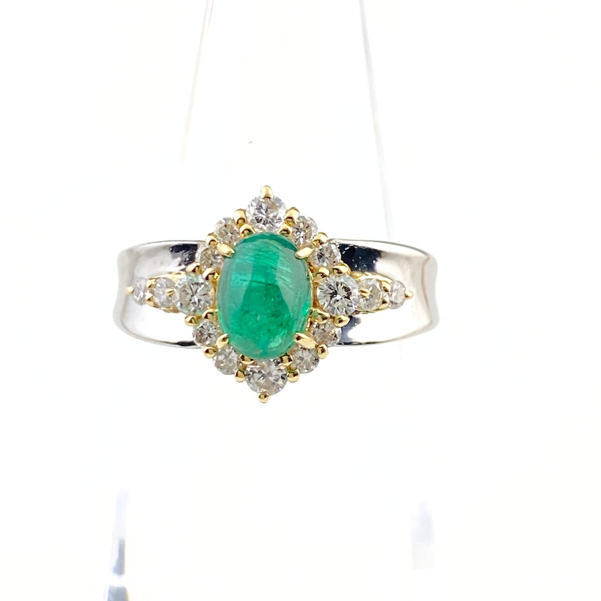 エメラルド デザインリング プラチナ YG イエローゴールド メレダイヤ 指輪 リング 8.5号 Pt900 K18 エメラルド レディース 【中古】拍卖