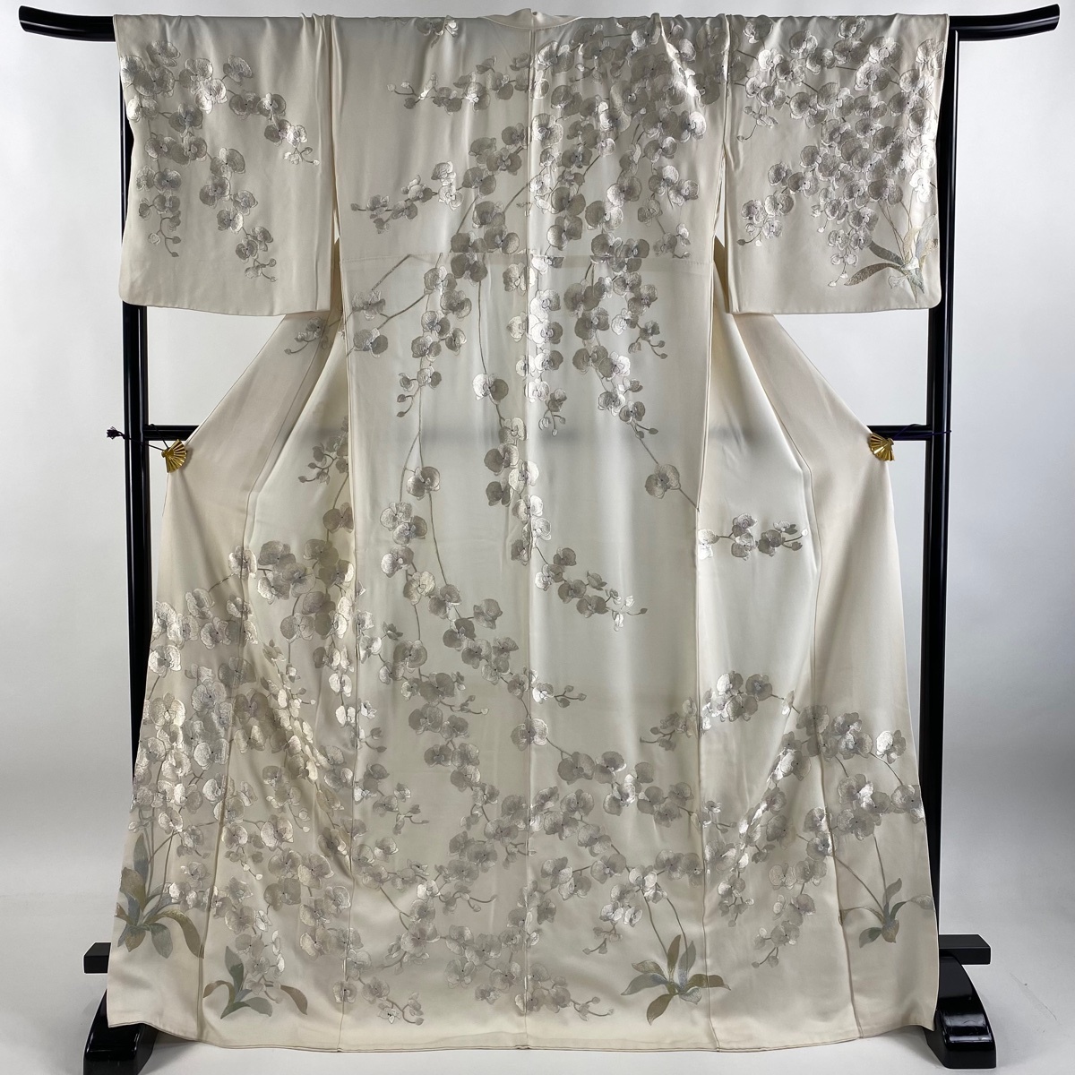訪問着 身丈172.5cm 裄丈68cm L 袷 胡蝶蘭 刺繍 銀糸 クリーム 正絹 逸品 【中古】拍卖