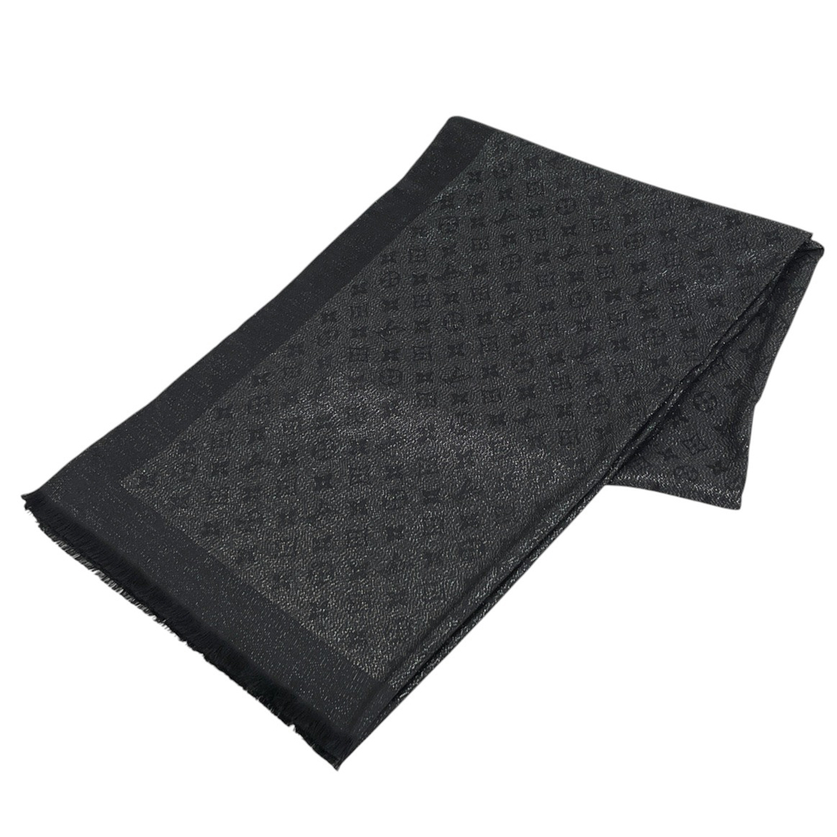 ルイ・ヴィトン Louis Vuitton モノグラム柄 ストール ラメ スカーフ 大判 シルク ナイロン ポリエステル ブラック レディース 【中古】拍卖