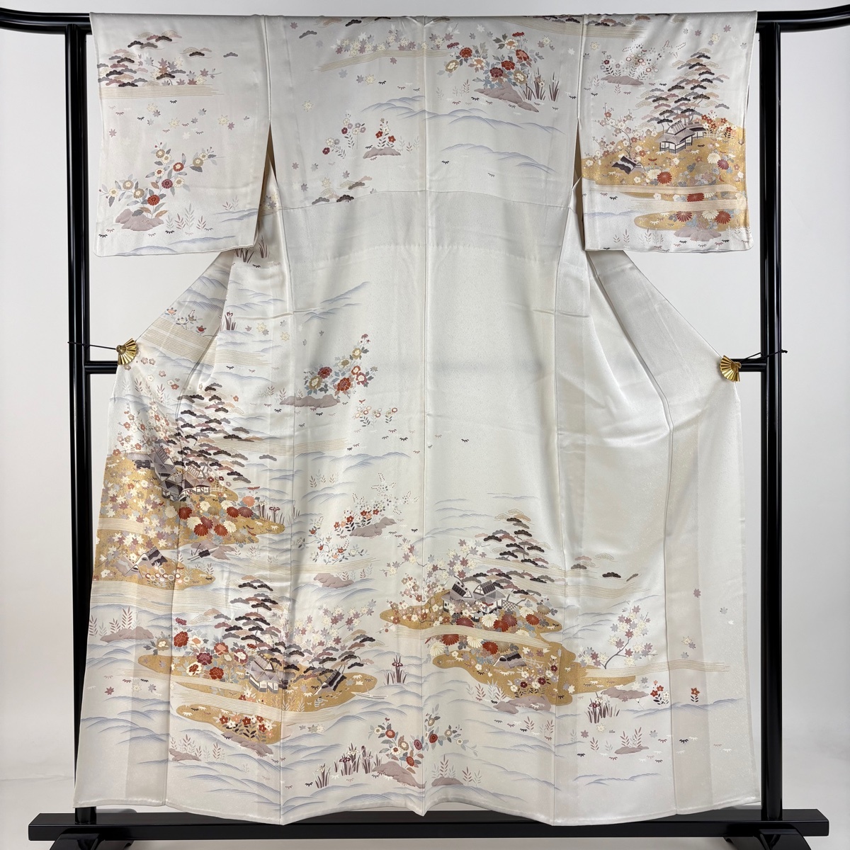 訪問着 身丈156.5cm 裄丈62.5cm S 単衣 松竹梅 家屋 金糸 金彩 灰白 正絹 秀品 【中古】拍卖