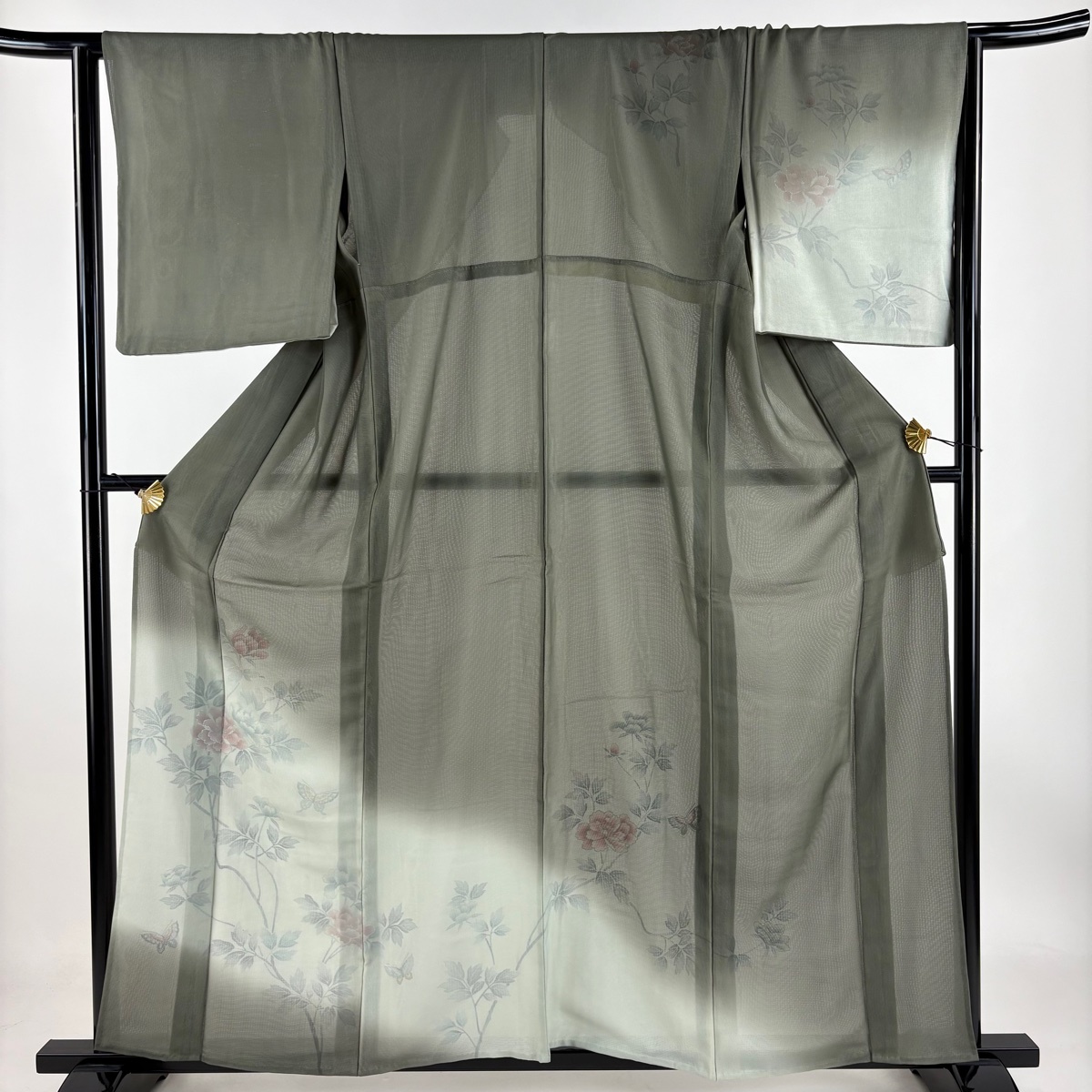 訪問着 身丈159.5cm 裄丈65.5cm M 紗絽袷 枝花 蝶 銀彩 茶緑色 正絹 名品 【中古】拍卖