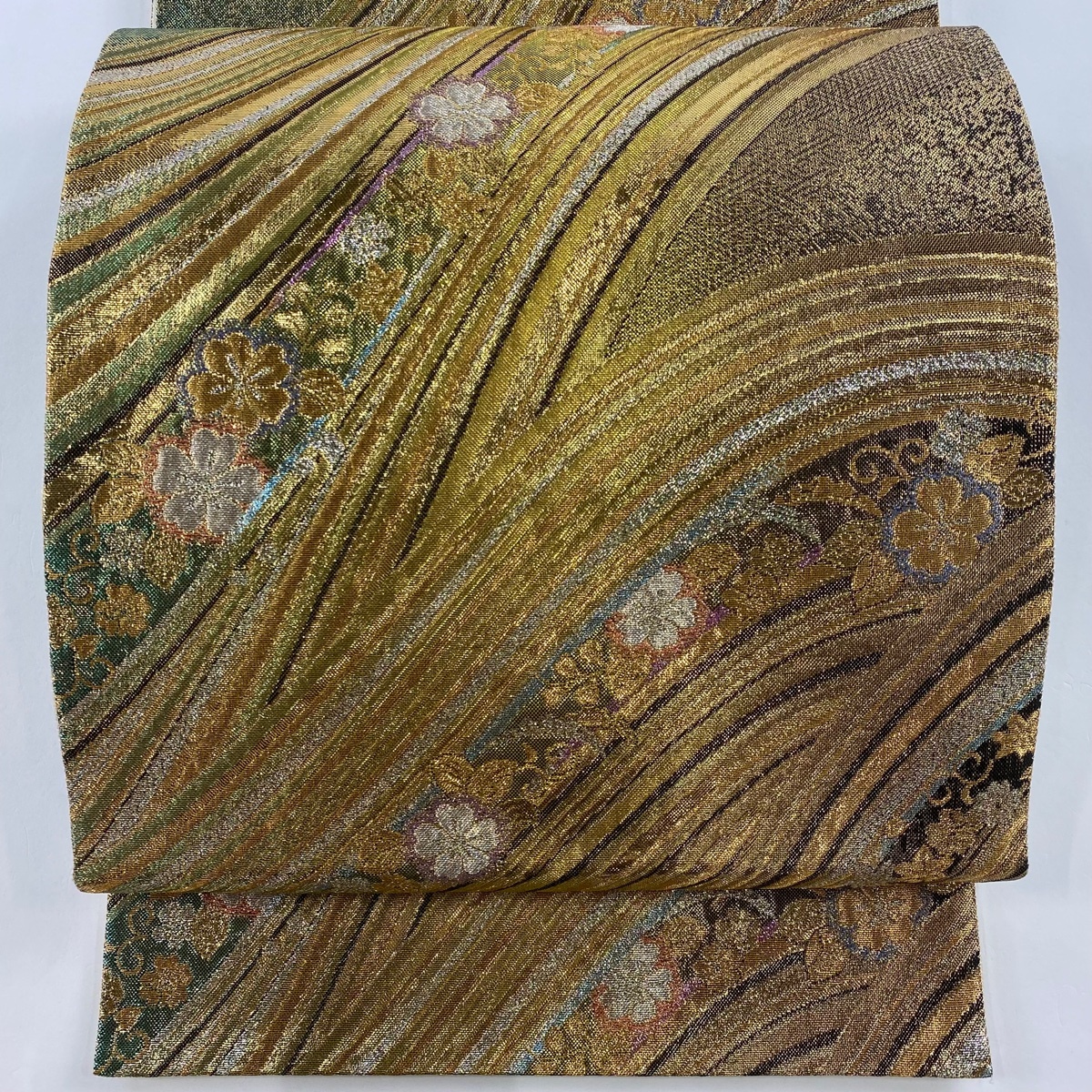 袋帯 美品 秀品 桜 波 金銀糸 箔 金色 六通 正絹 【中古】拍卖