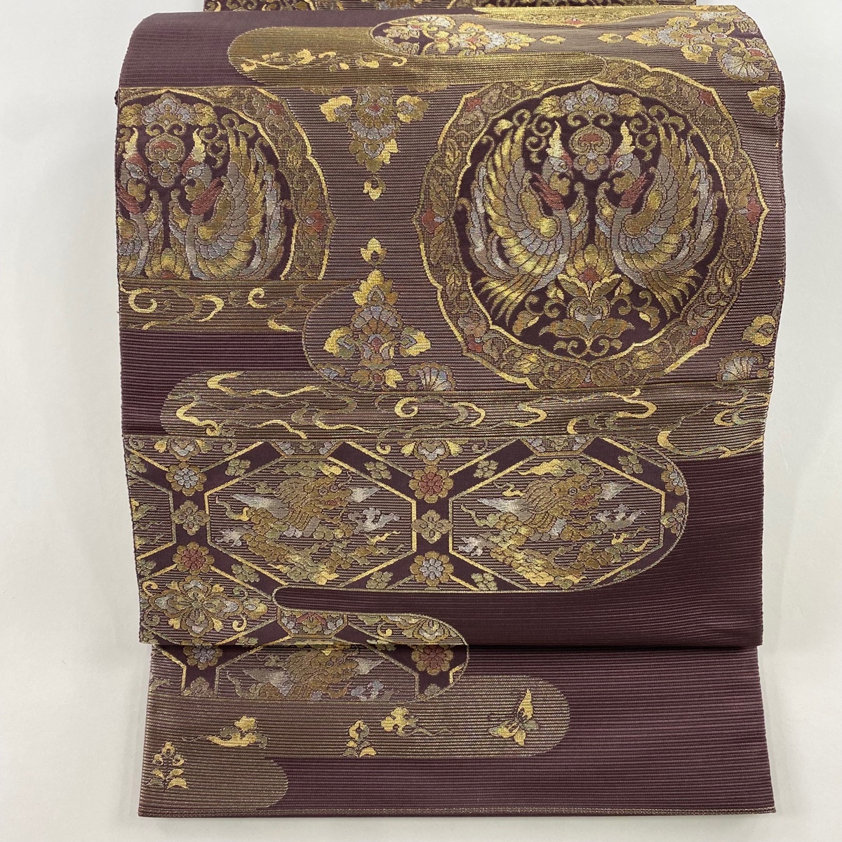 袋帯 美品 秀品 霞取唐花龍目文 向かい鳥 龍 金銀糸 紫 六通 正絹 【中古】拍卖