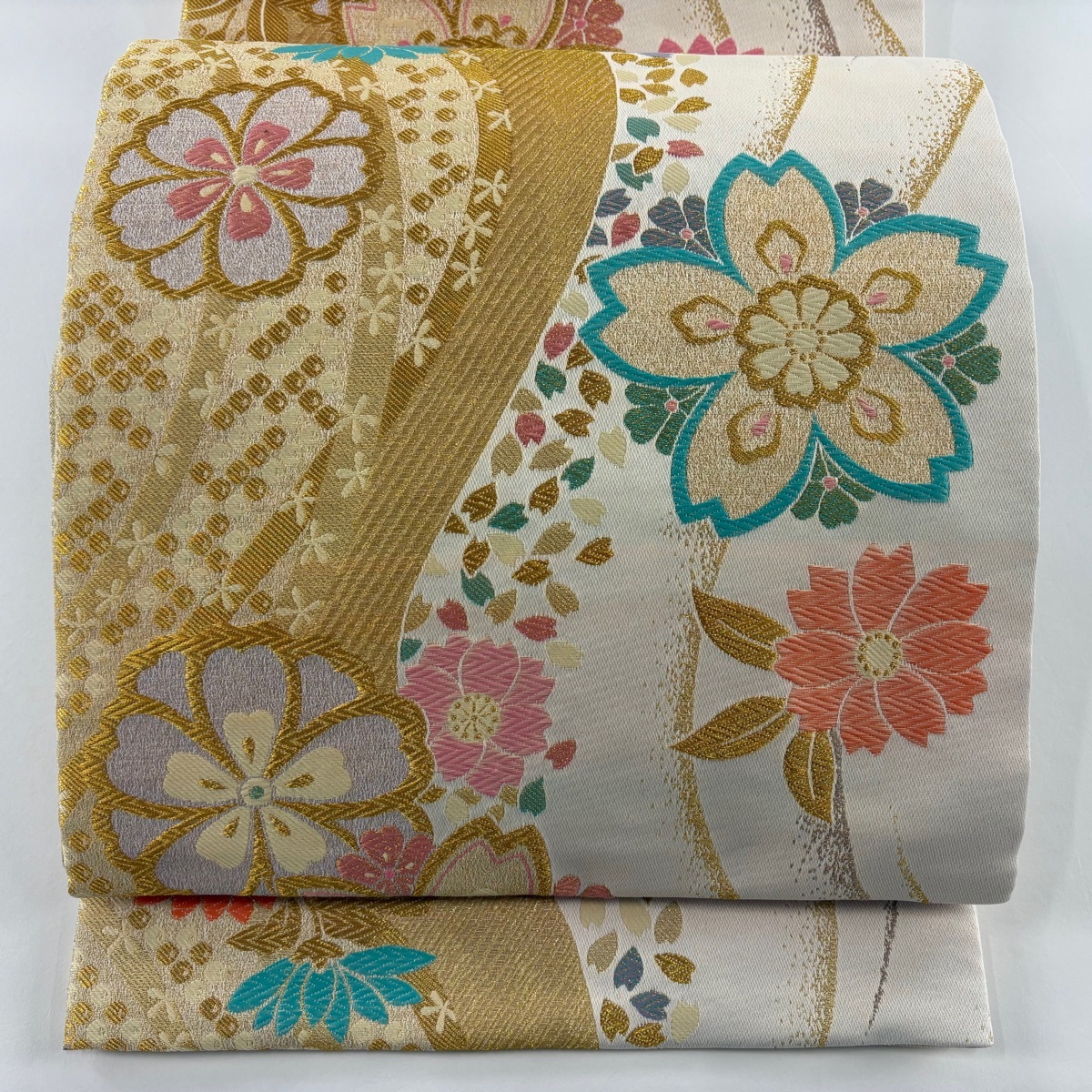 袋帯 美品 秀品 桜 流水 金糸 クリーム 六通 正絹 【中古】拍卖