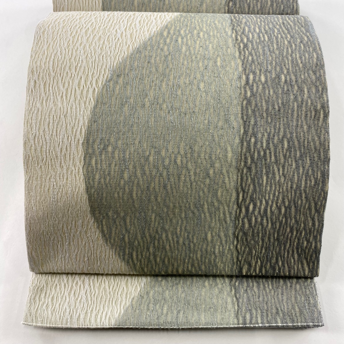 袋帯 美品 秀品 幾何学模様 金糸 灰緑 全通 正絹 【中古】拍卖