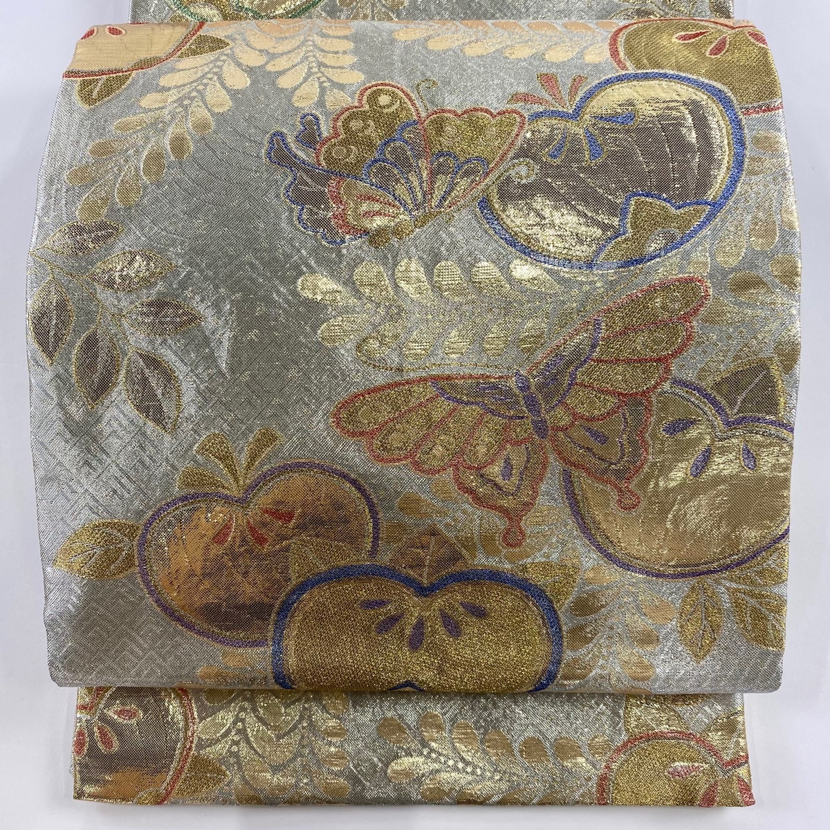 袋帯 秀品 振袖向き 優貴 蝶 橘 金銀糸 箔 銀色 六通 正絹 【中古】拍卖