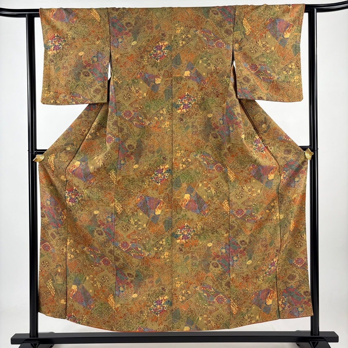 小紋 身丈155cm 裄丈61cm S 袷 草花 亀甲 縮緬 黄土色 正絹 優品 【中古】拍卖