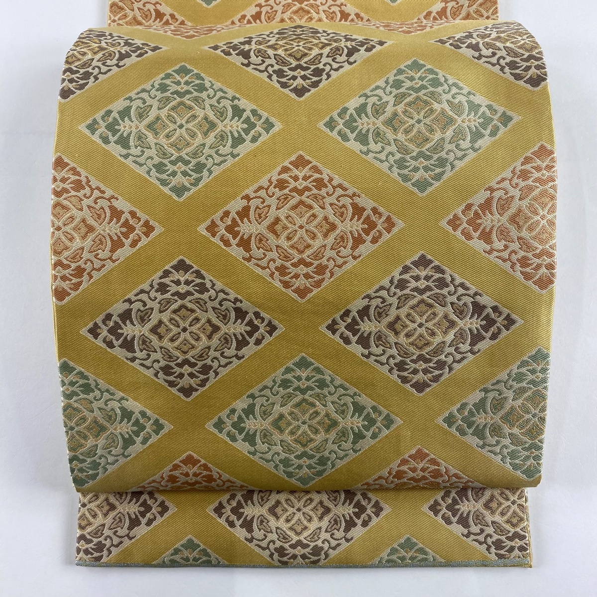 開き名古屋帯 秀品 花菱 金糸 黄色 正絹 【中古】拍卖