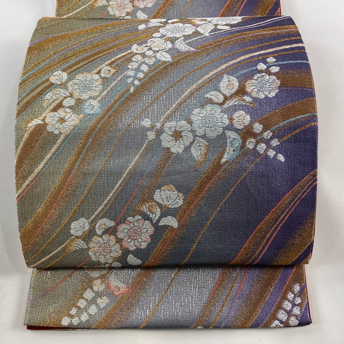 袋帯 美品 秀品 辻が花柄 流水 金糸 箔 灰紫 六通 正絹 【中古】拍卖