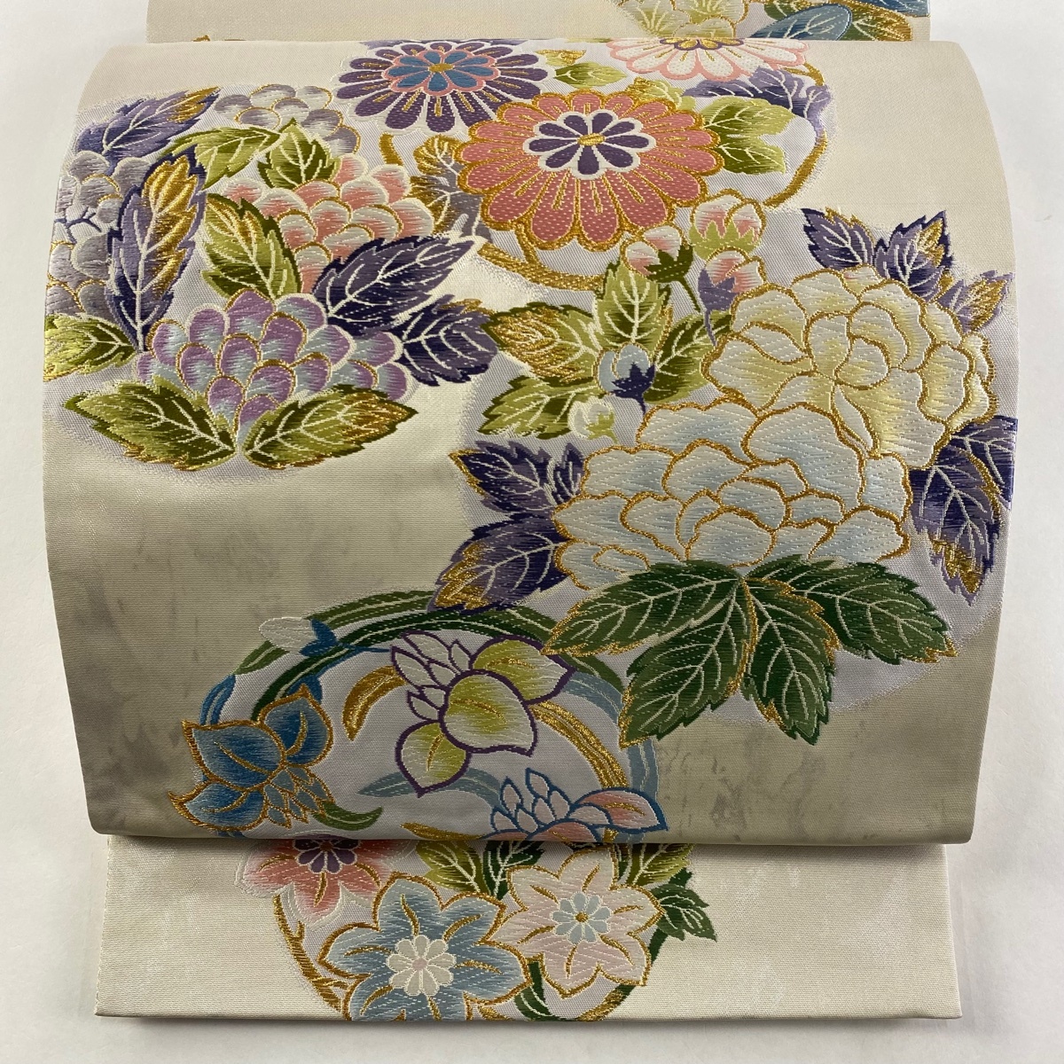 袋帯 秀品 花丸文 牡丹 唐織 金糸 クリーム 六通 正絹 【中古】拍卖