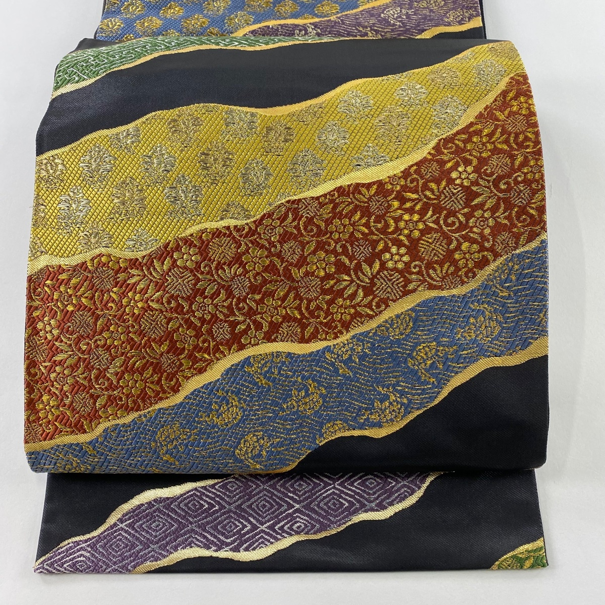 袋帯 美品 秀品 霞 笹蔓文 金銀糸 箔 墨色 六通 正絹 【中古】拍卖