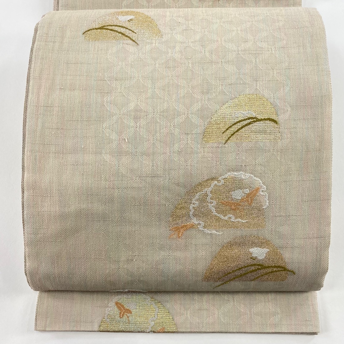 袋帯 秀品 夏帯 雪輪 千鳥 箔 ピンクベージュ 六通 正絹 【中古】拍卖