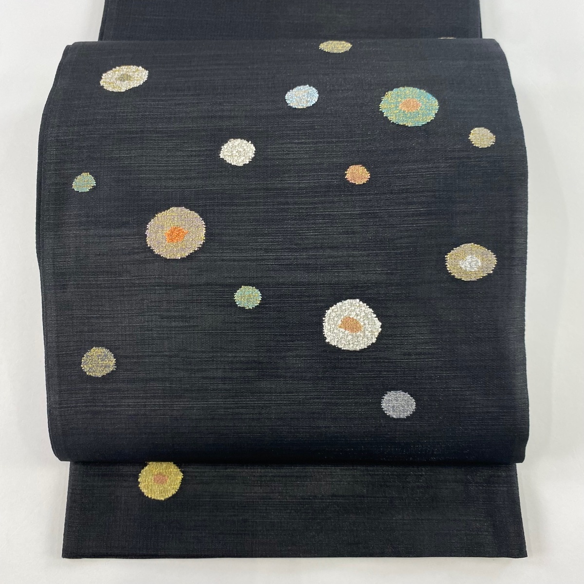 袋帯 美品 秀品 夏帯 丸 幾何学模様 箔 黒 お太鼓柄 正絹 【中古】拍卖