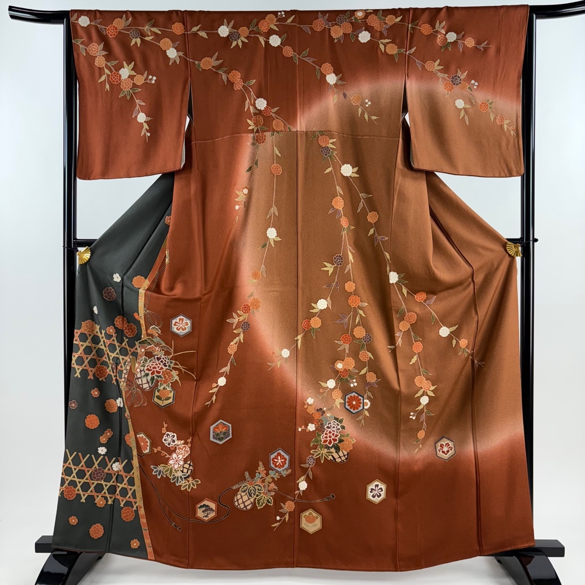 訪問着 身丈164cm 裄丈64.5cm M 袷 花籠 松竹梅 金彩 赤茶 正絹 秀品 【中古】拍卖