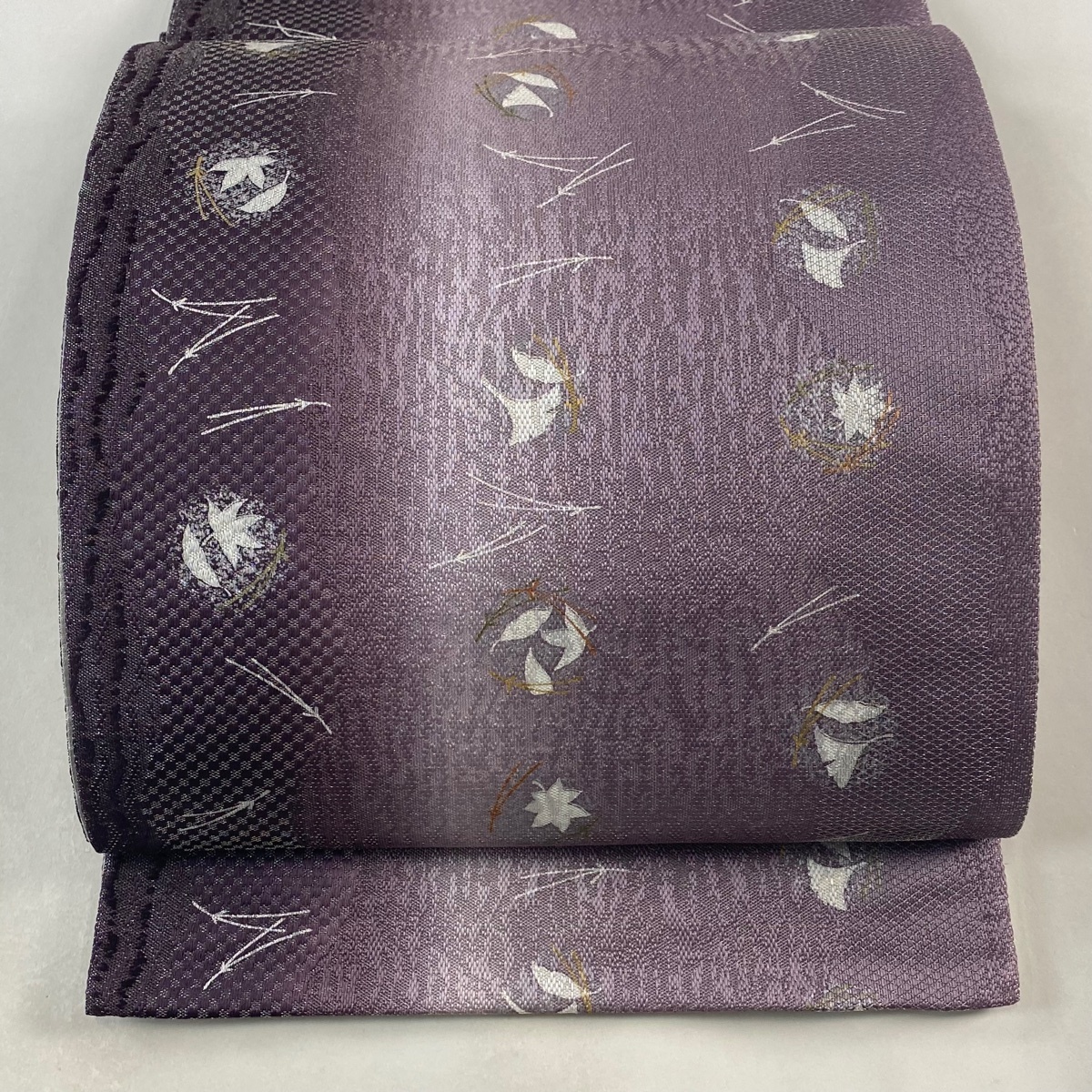 袋帯 美品 秀品 松葉 吹き寄せ 銀糸 ぼかし 灰紫 六通 正絹 【中古】拍卖