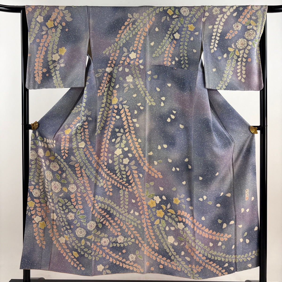 【美品】 訪問着 身丈152cm 裄丈65cm M 袷 落款 辻が花柄 ぼかし 金彩 青紫 正絹 秀品 【中古】拍卖
