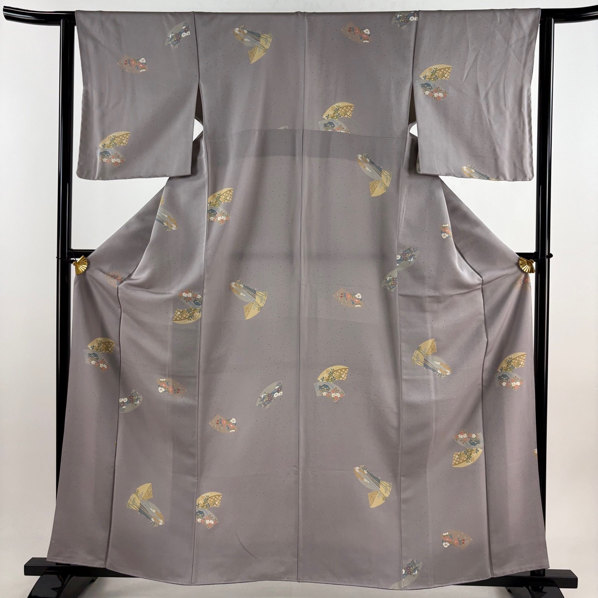 小紋 身丈162cm 裄丈62cm S 袷 扇面 草花 金彩 灰紫 正絹 秀品 【中古】拍卖