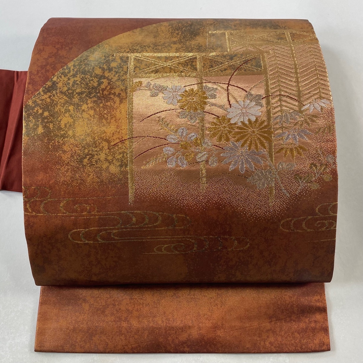 名古屋帯 美品 優品 菊 笹 金銀糸 箔 えんじ色 正絹 【中古】拍卖