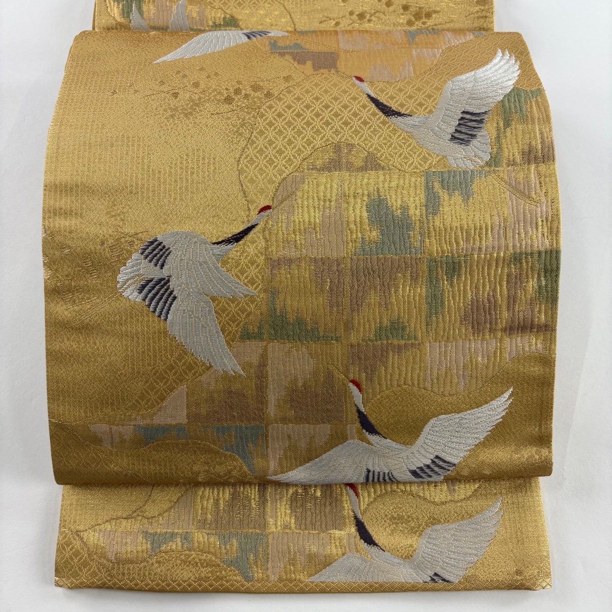 袋帯 美品 秀品 関西仕立て 鶴 霞 箔 唐織 金色 六通 正絹 【中古】拍卖