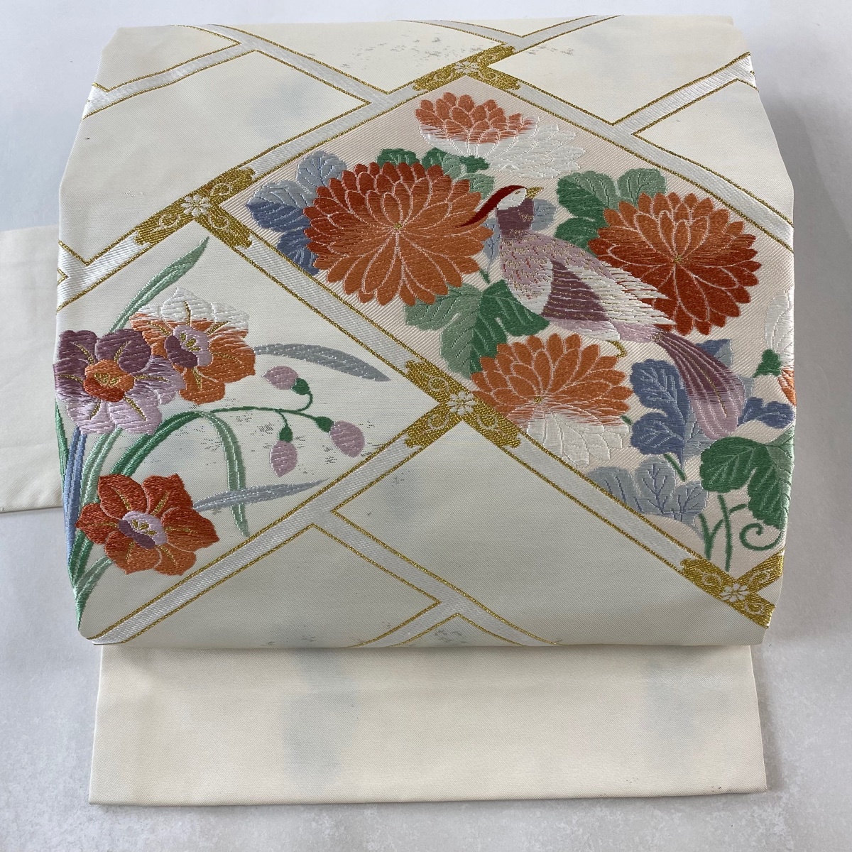 名古屋帯 優品 菊 鳥 刺繍 金糸 クリーム 正絹 【中古】拍卖