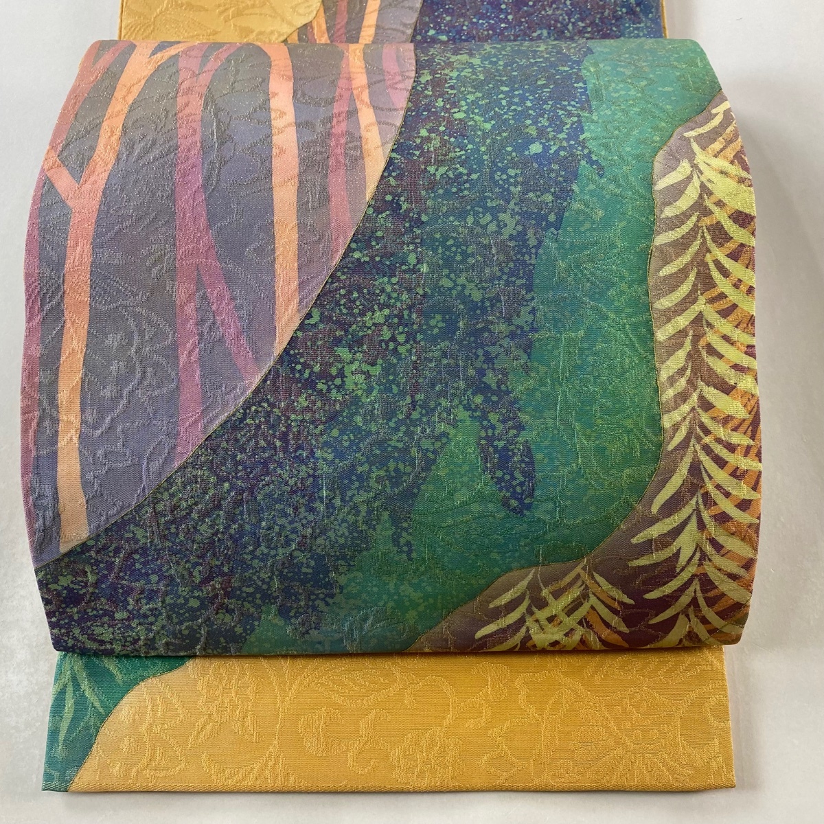 袋帯 美品 秀品 落款 鵬翔 柳 樹木 金通し 金彩 緑 お太鼓柄 正絹 【中古】拍卖