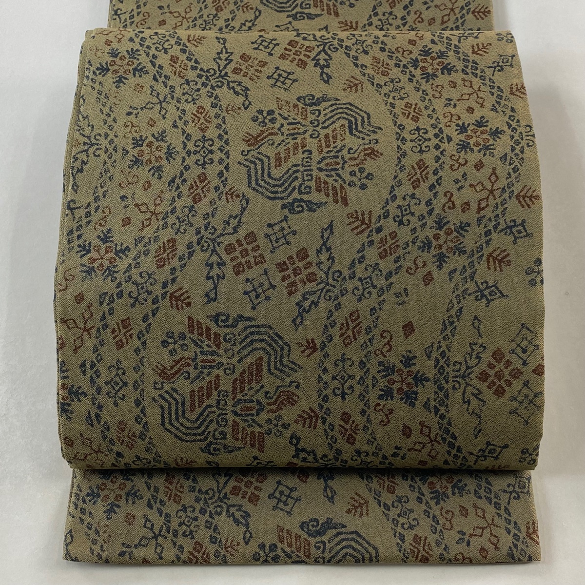 袋帯 美品 秀品 草花 向かい鳥 茶緑色 全通 正絹 【中古】拍卖