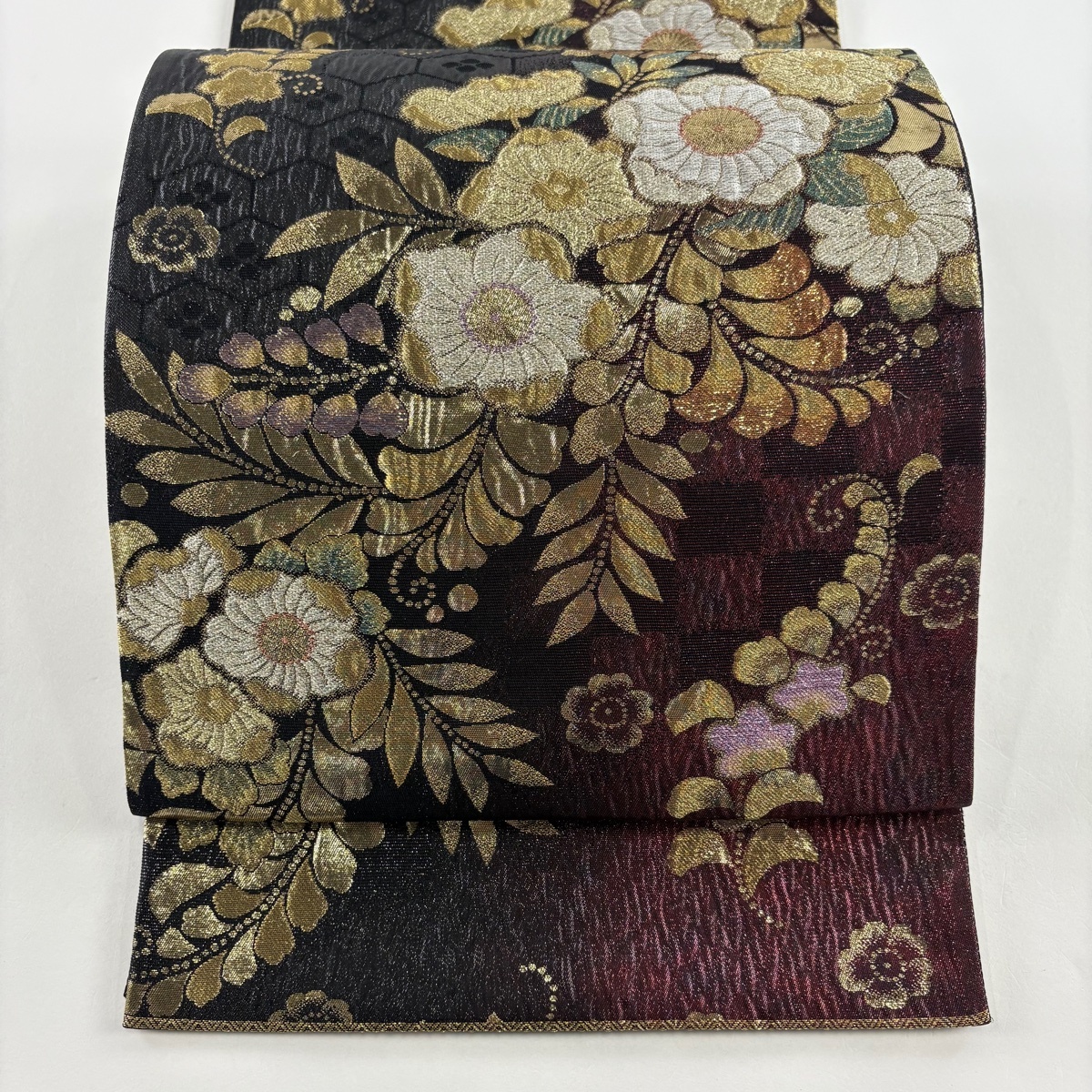 袋帯 美品 秀品 草花 金銀糸 箔 赤紫 六通 正絹 【中古】拍卖