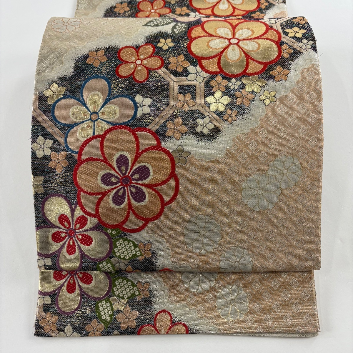 袋帯 秀品 梅 草花 金銀糸 箔 薄オレンジ 六通 正絹 【中古】拍卖