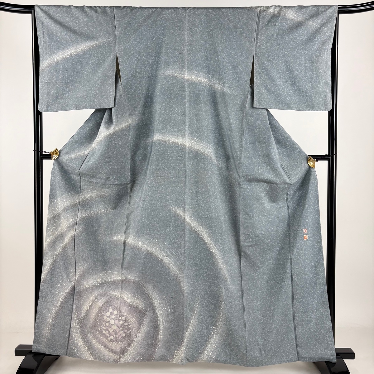 訪問着 身丈162.5cm 裄丈66cm M 袷 牛首紬地 落款 幾何学模様 ぼかし 青灰色 正絹 名品 【中古】拍卖