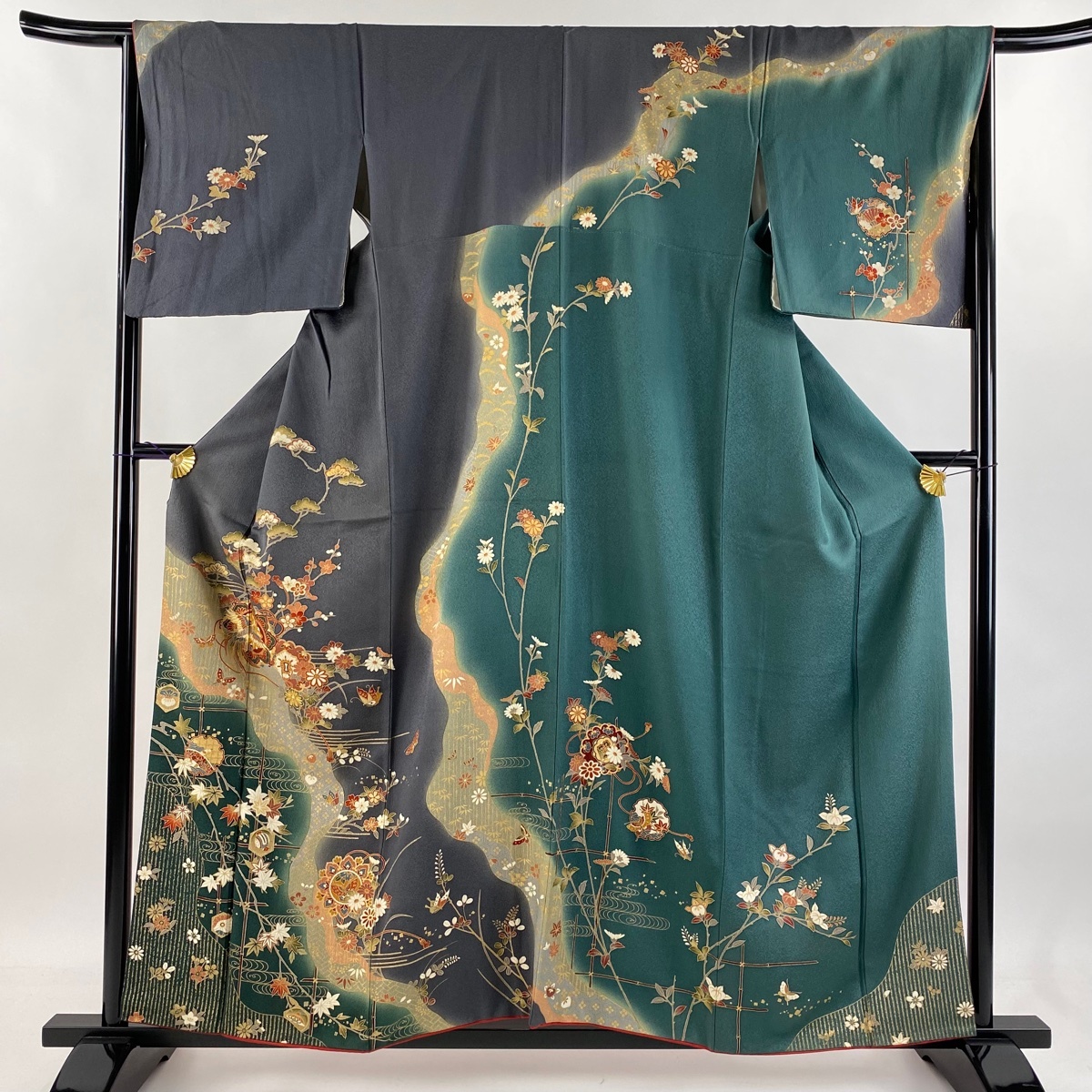 訪問着 身丈158cm 裄丈65cm M 袷 鏡裏文 松竹梅 金糸 金彩 灰緑 正絹 秀品 【中古】拍卖