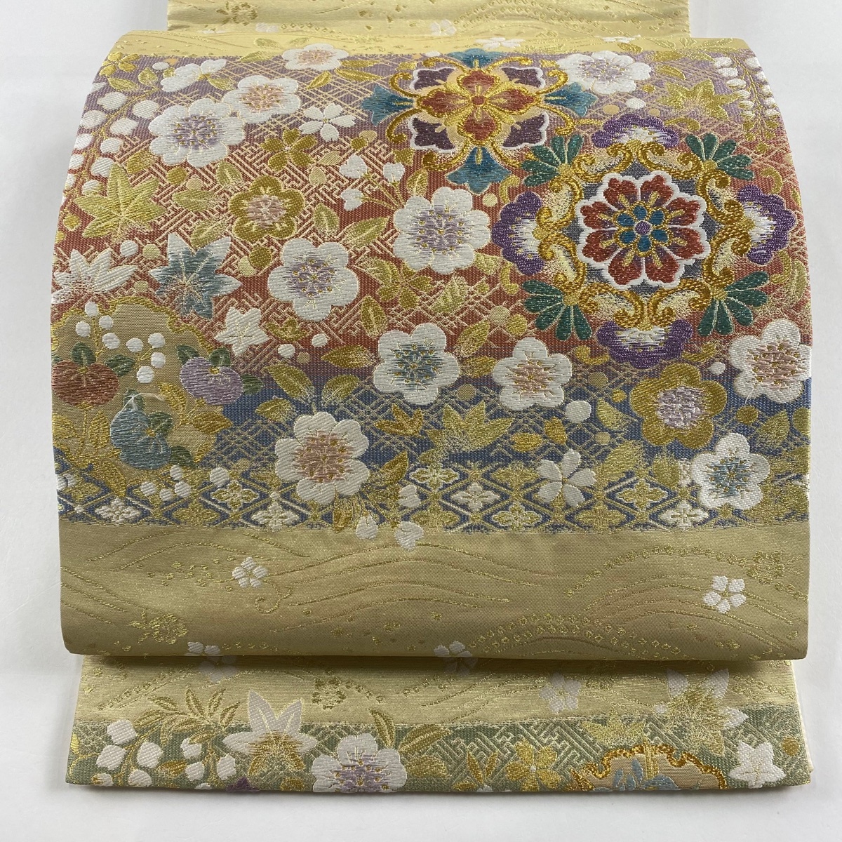 【美品】 袋帯 秀品 華文 草花 金糸 箔 金色 六通 正絹 【中古】拍卖