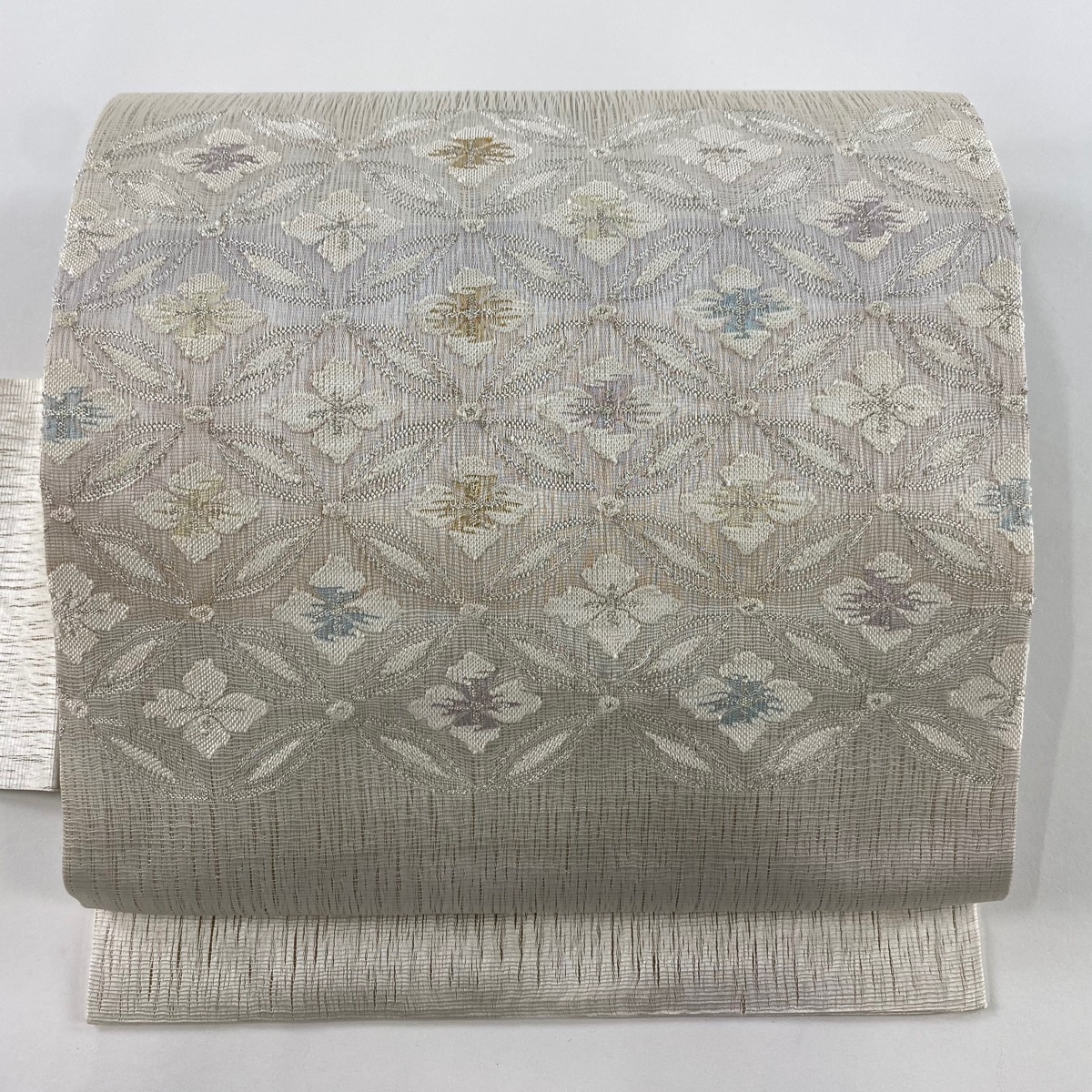 名古屋帯 名品 花菱 七宝 銀糸 クリーム 正絹 【中古】拍卖