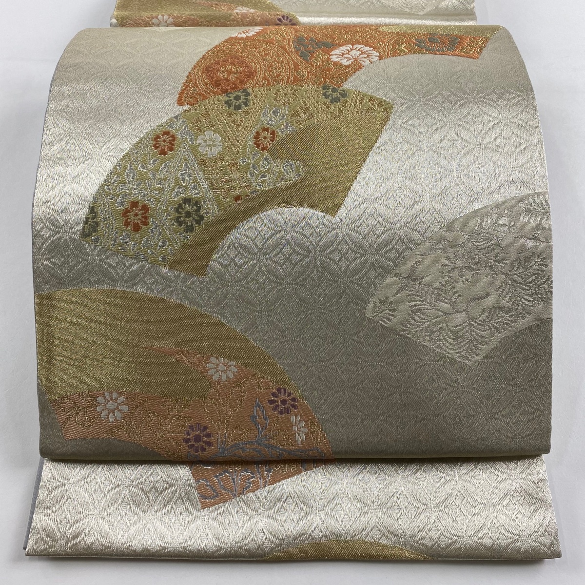 【美品】 袋帯 秀品 ますいわ屋 扇面 七宝 金銀糸 銀色 六通 正絹 【中古】拍卖