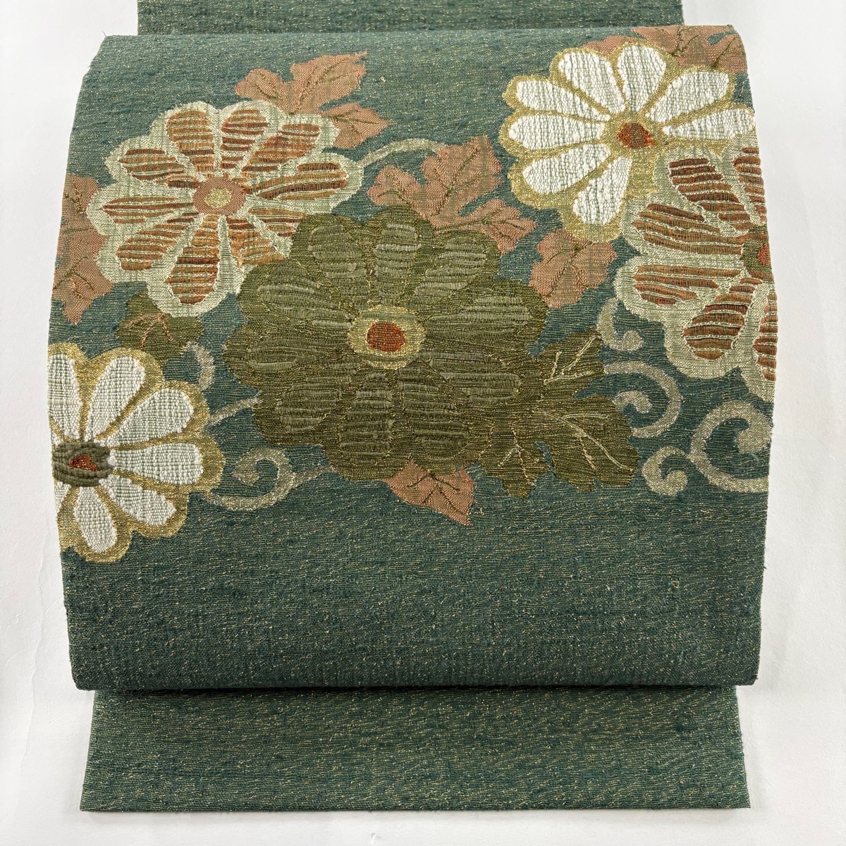 【美品】 袋帯 秀品 菊 金糸 緑 お太鼓柄 正絹 【中古】拍卖